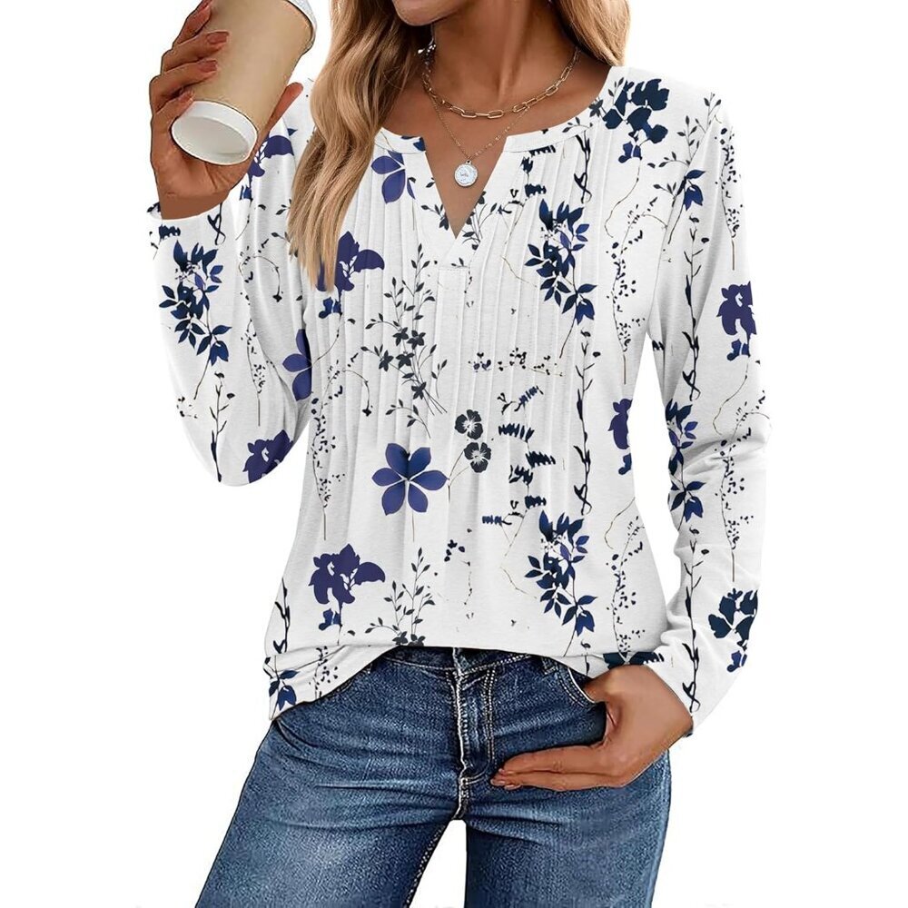 Women’s Long Sleeve V Neck Pleated Blouse Casual Dressy Fall Tops